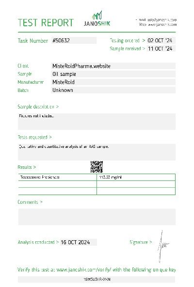 Janoshik laboratory test report summary for task number 50632