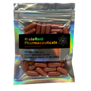 MisteRoid Pharmaceuticals product label with unclear or garbled text