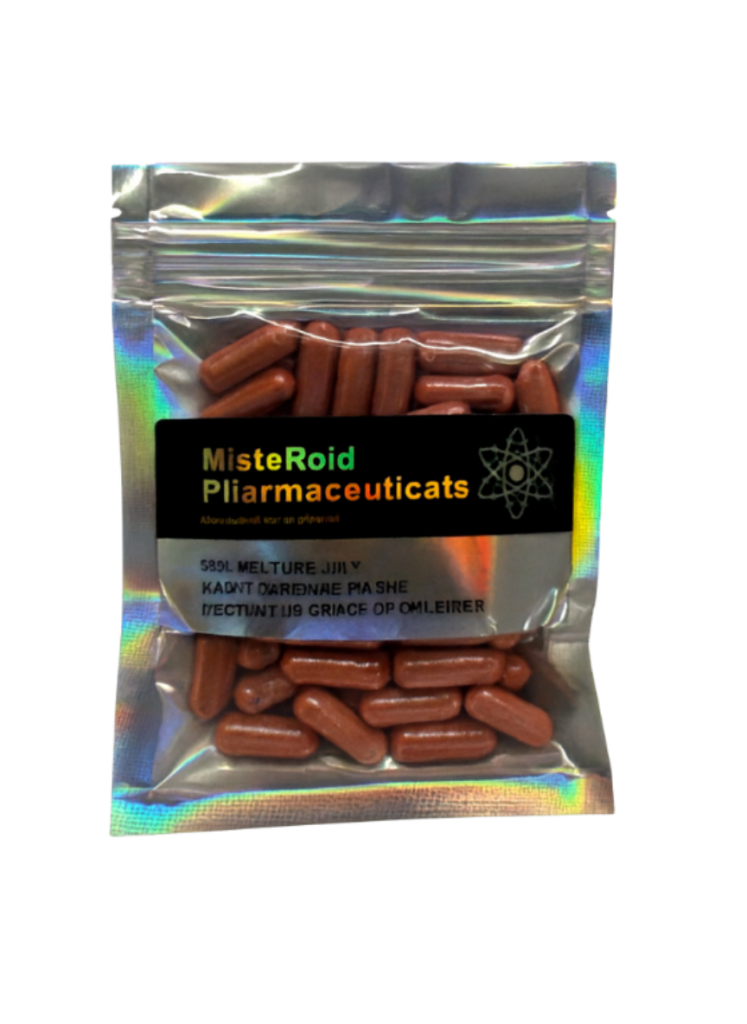 MisteRoid Pharmaceuticals product label with unclear or garbled text