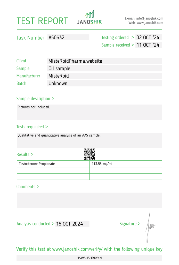 Janoshik laboratory test report showing Testosterone Propionate 113.53 mg/ml