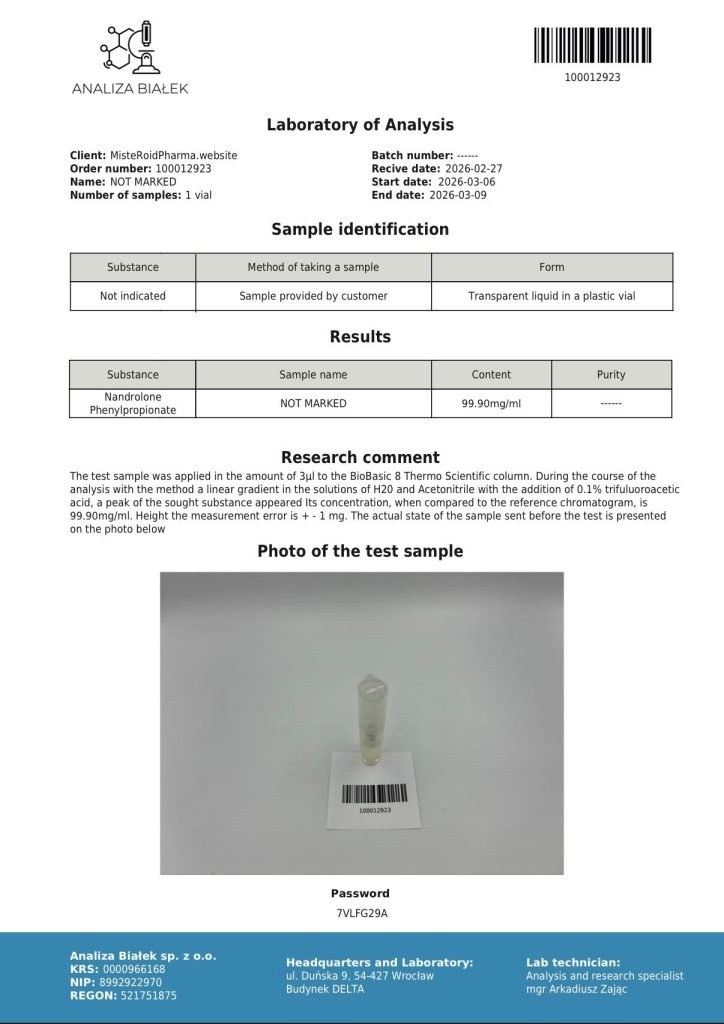 Analiza Bialek laboratory test report showing Nandrolone 99.90 mg/ml