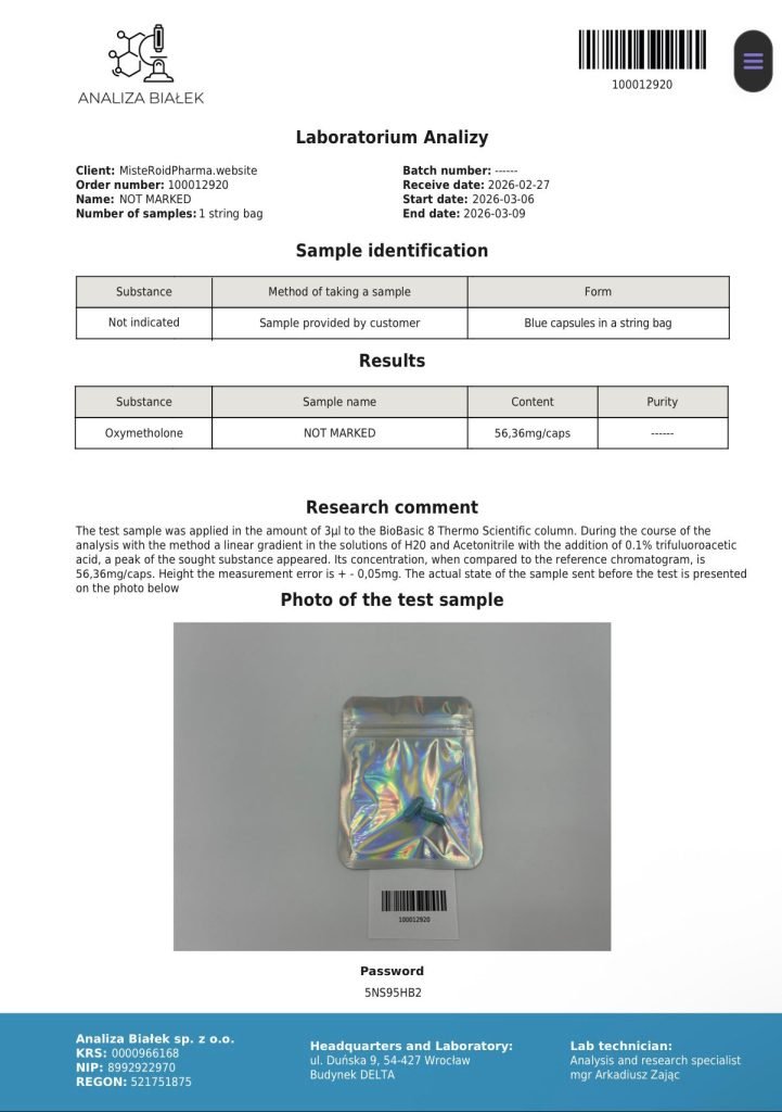 Analiza Bialek laboratory test report showing Oxymetholone 56.36 mg per capsule