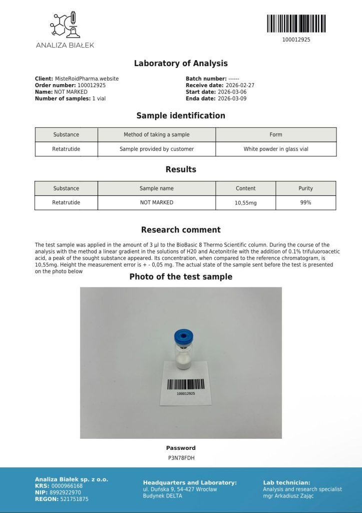Analiza Bialek laboratory test report showing Retatrutide 10.55 mg with 99% purity