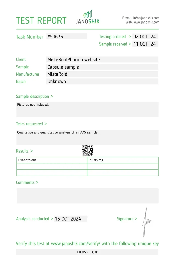 Janoshik lab test report showing Oxandrolone 30.85 mg per capsule