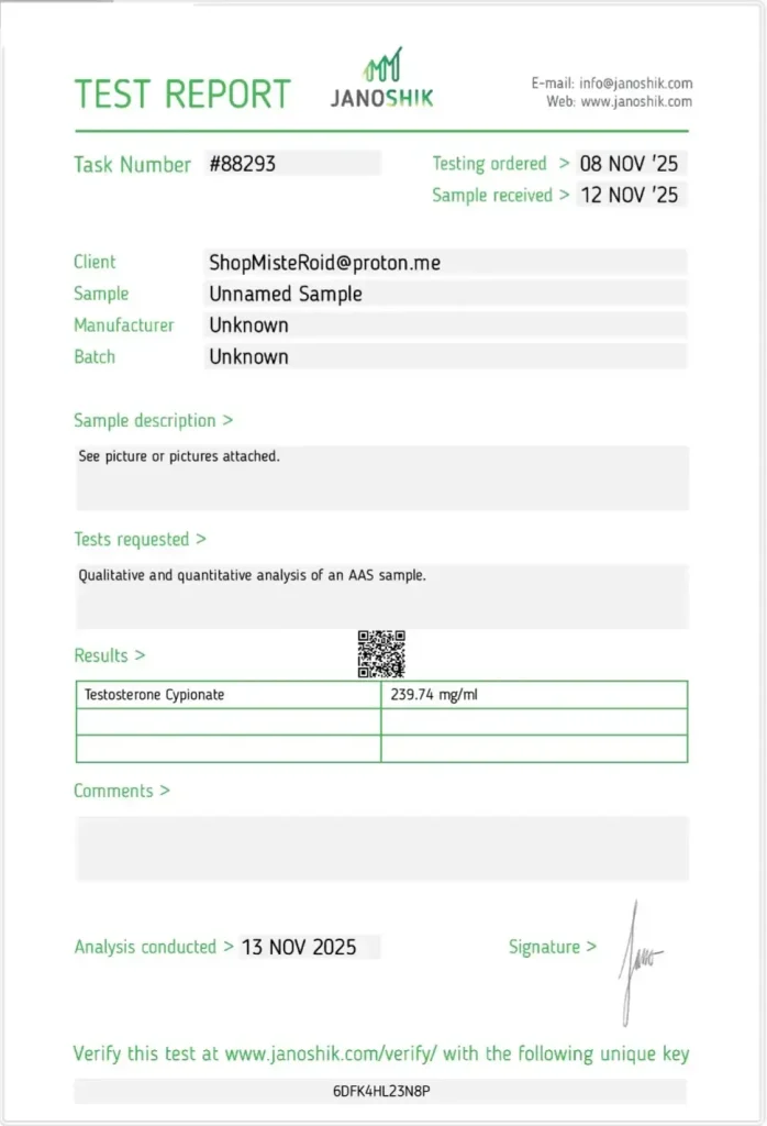 Janoshik lab test report showing Testosterone Cypionate 239.74 mg/ml
