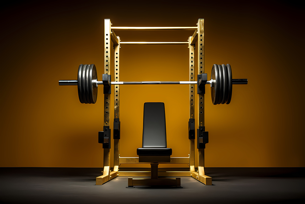 Bench press station with power rack, barbell, and weight plates in a gym.