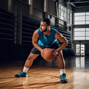 Basketball player practicing ball handling and agility on an indoor court.